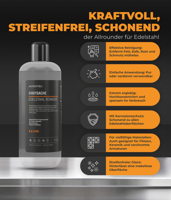 AcroTec® Edelstahl Reiniger CHEFSACHE 500 ml – Entfernt Fett & Kalk