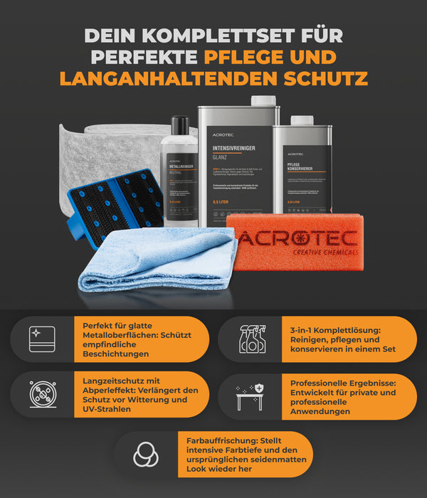 AcroTec® Metallreiniger Profi Set – GLANZ [9-teilig] – Reinigung, Pflege & Farbauffrischung für alle matten Metalloberflächen