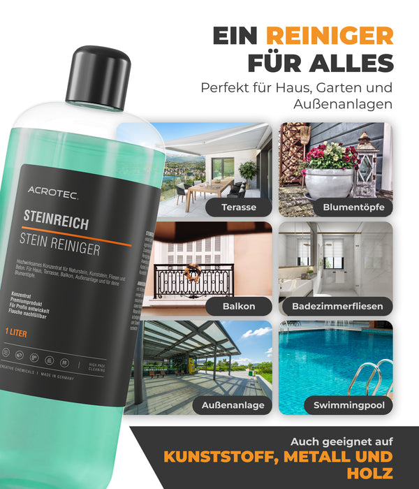 AcroTec® Stein Reiniger STEINREICH 1000 ml – Effektives Konzentrat für Natur- & Kunststein, Fliesen, Beton & Kunststoff